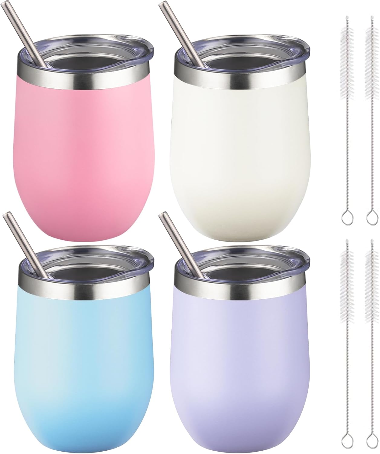 12 oz Insulated Wine Tumbler with Lid and Straw,Stainless Steel Stemless Wine Tumbler Glasses Double Wall Vacuum Wine Cups Tumbler for Coffee,Champaign,Cocktail,Office（Silver,1）