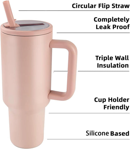 40 oz Insulated Tumbler with Handle,Flip Straw,Lid & Rubber Base Stainless Steel Water Bottle - Leak Proof Vacuum Insulated Mug BPA Free Reusable Travel Cup Gifts for Women/Men (light blue)