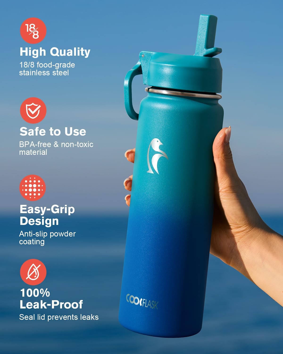 Half Gallon Water Bottle Insulated with Straw & 3 Lids, Coolflask 64 oz Water Jug Large Metal Stainless Steel Wide Mouth for Sports, Gym or Office, Non-BPA Keep Cold 48H Hot 24H, Samurai Cyan