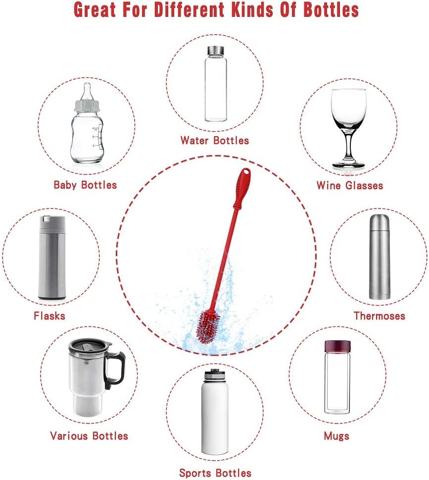 Silicone Bottle Cleaning Brush with Long Handle, 12.5" Water Bottle Cleaner for Baby Bottles, Hydro Flask, Sports Bottle, Vase, Glassware, Perfect for Smaller Diameter Bottle Openings (One Pack)