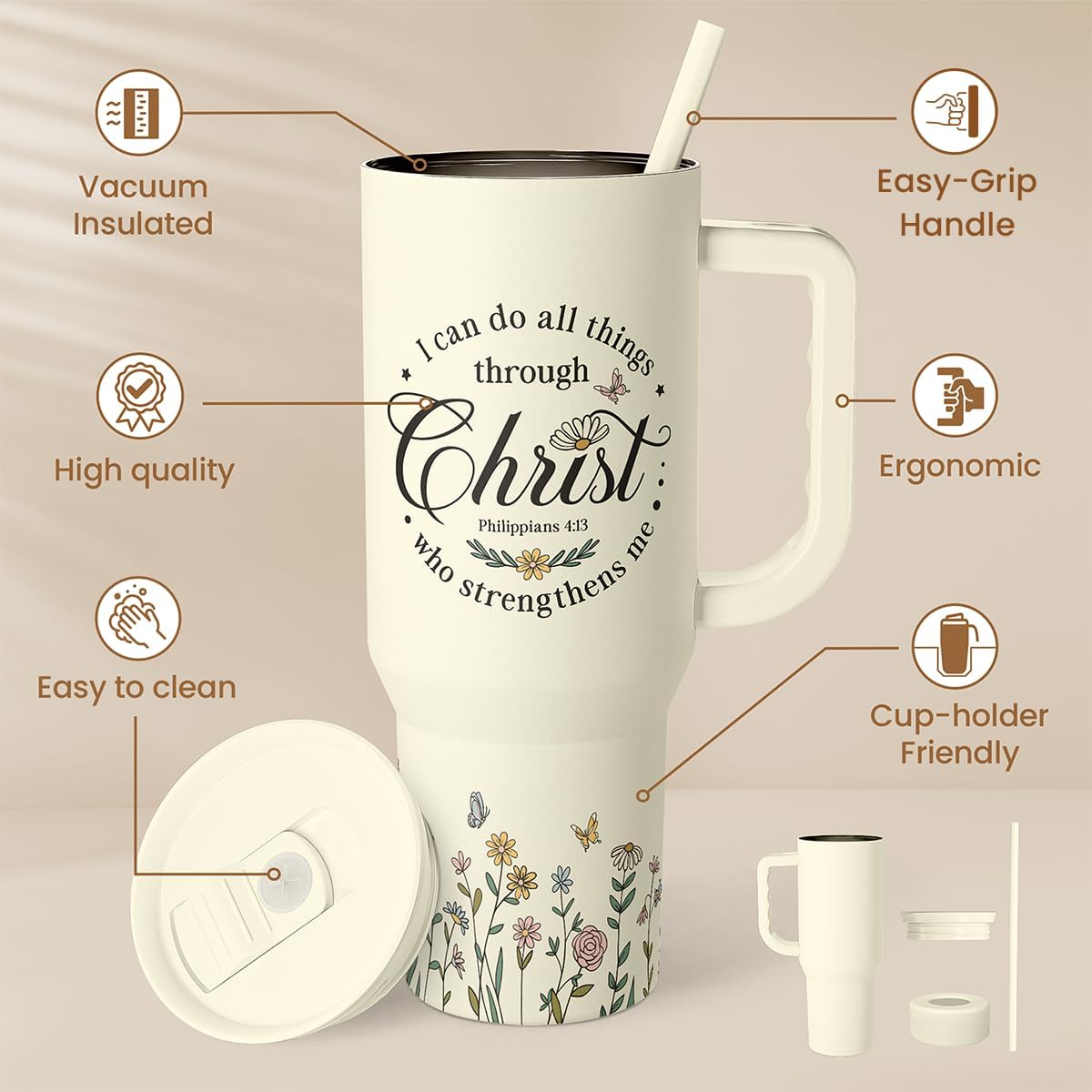 Floral Tumbler with Handle 40oz, Stainless Steel Insulated Tumblers Coffee Travel Mug Cup with Straw, Flower Coffee Cup Gifts for Women Girls, Gift for Her on Christmas Birthday Mothers Day