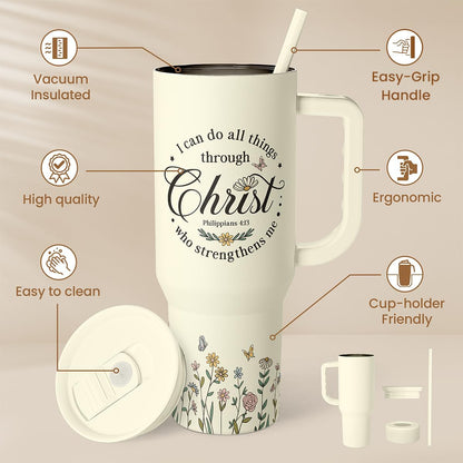 Floral Tumbler with Handle 40oz, Stainless Steel Insulated Tumblers Coffee Travel Mug Cup with Straw, Flower Coffee Cup Gifts for Women Girls, Gift for Her on Christmas Birthday Mothers Day