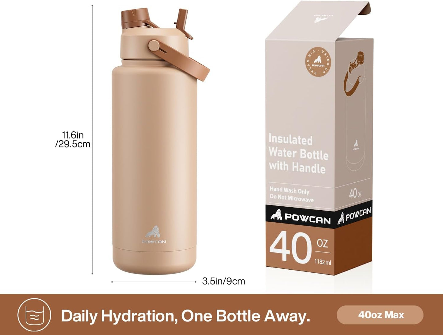 POWCAN 26 oz Insulated Water Bottle with 2-in-1 Straw and Spout Lid, Keep Cold 24H, Leak-Proof, Fits in Car Cup Holder, Stainless Steel Water Bottle for Sports, Travel, and School (Mint)
