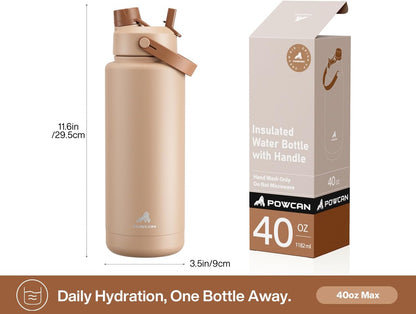 POWCAN 26 oz Insulated Water Bottle with 2-in-1 Straw and Spout Lid, Keep Cold 24H, Leak-Proof, Fits in Car Cup Holder, Stainless Steel Water Bottle for Sports, Travel, and School (Mint)