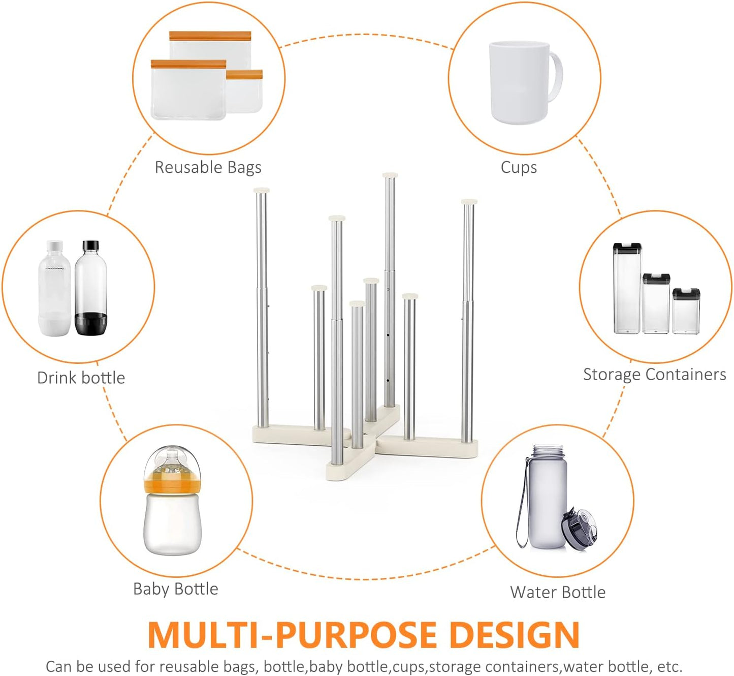 KORRTFID Reusable Storage Bag Drying Rack, Retractable Metal Bottle Drying Rack, Collapsible Cup Draining Rack for Water Bottles, Mason Jars, Mugs, Glass and Sports Bottle(1 Pcs)