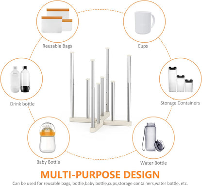 KORRTFID Reusable Storage Bag Drying Rack, Retractable Metal Bottle Drying Rack, Collapsible Cup Draining Rack for Water Bottles, Mason Jars, Mugs, Glass and Sports Bottle(1 Pcs)