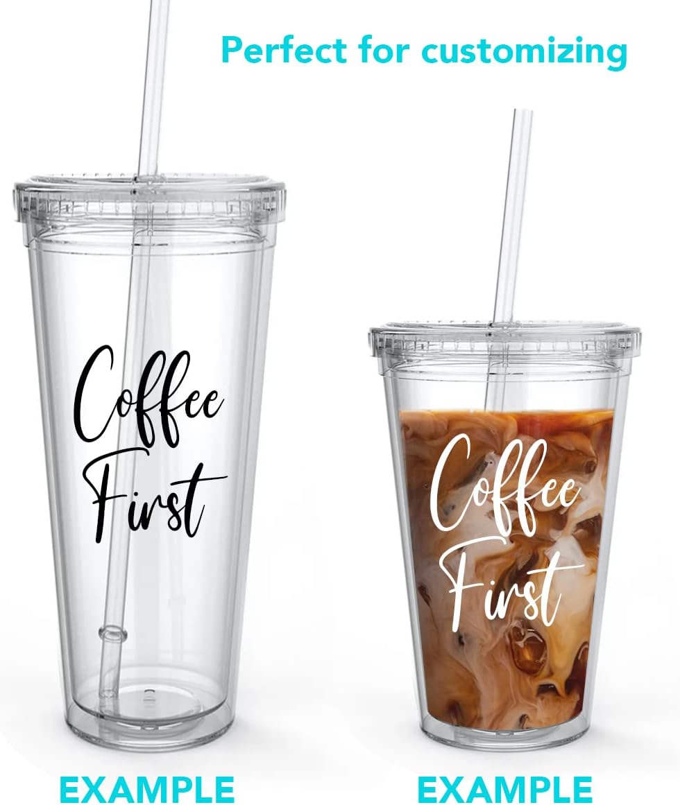 Reusable Double Wall Insulated Acrylic Tumbler Cups with Straw and Lid, 2 Set Package (16 Oz, Clear Straws) by