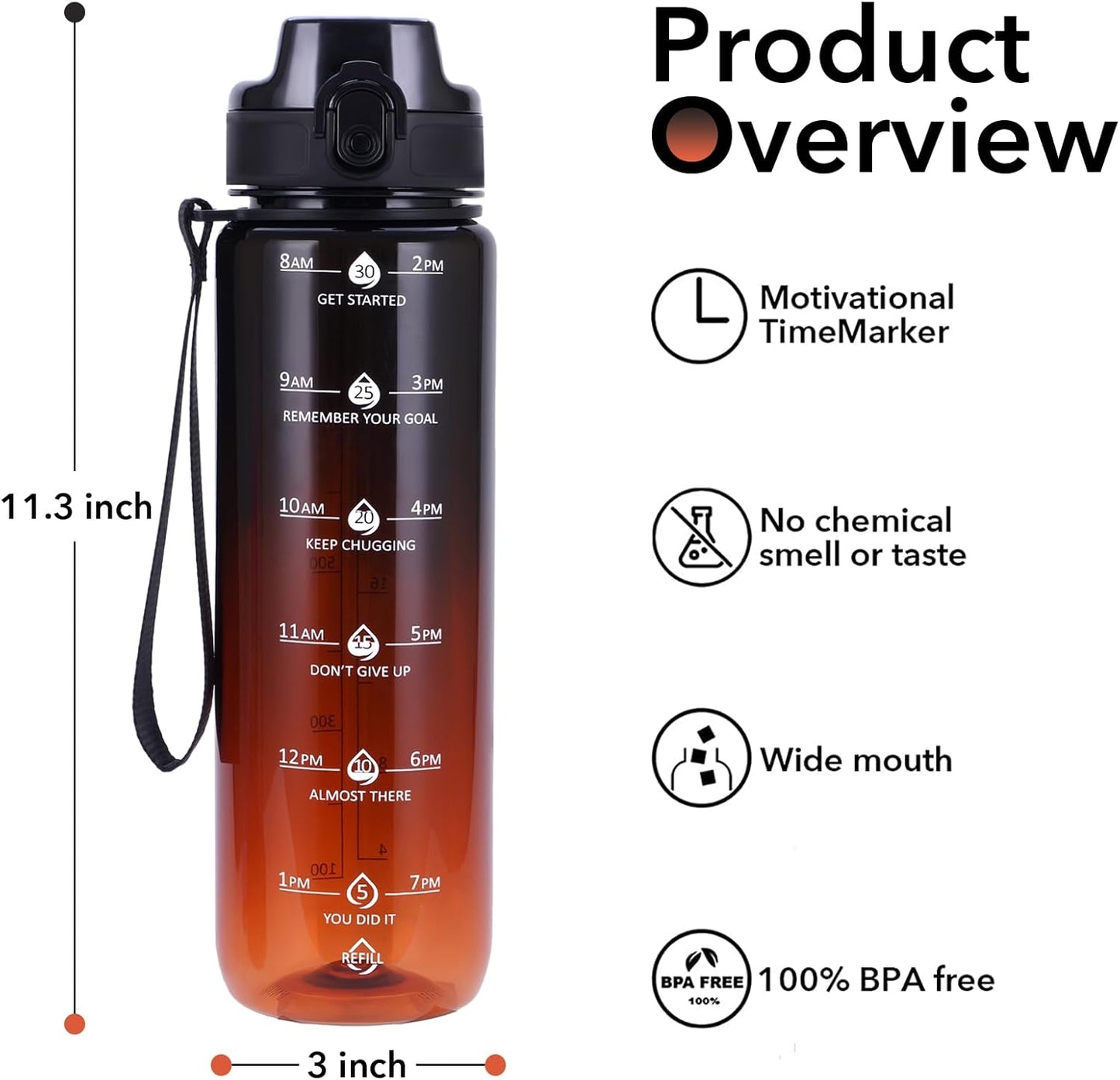 32oz Water Bottle with Time Marker, Motivational Drinking Bottle with Strap, BPA-Free Leak-Proof, Encouraging Water Bottle Time to Drink Water for Gym School Office Travel