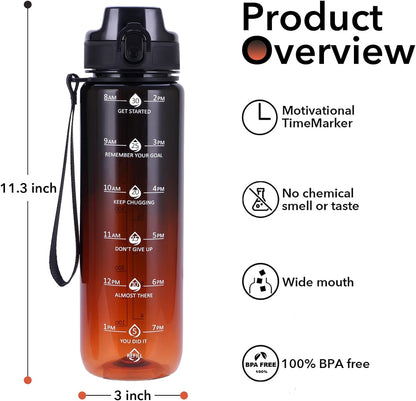 32oz Water Bottle with Time Marker, Motivational Drinking Bottle with Strap, BPA-Free Leak-Proof, Encouraging Water Bottle Time to Drink Water for Gym School Office Travel