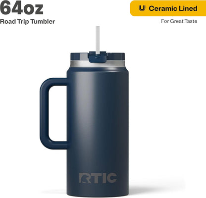 RTIC 64oz Road Trip Tumbler with Handle, Lid and Straw, Ceramic Lined, Insulated, Stainless Steel, Double Wall Vacuum-Insulation, Travel Cup, Cool Grey