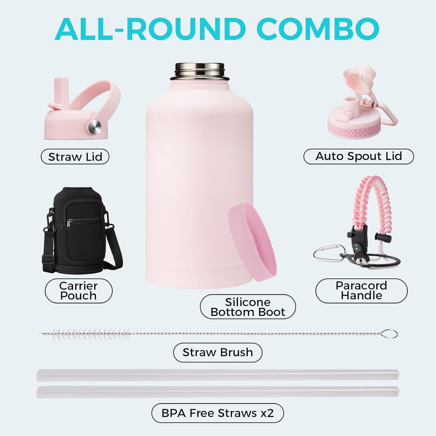 32/40/64OZ Insulated Water Bottle - Keep Cold 48H Hot 24H, Combo Straw/Spout Lids, Paracord Handle for Gym/Hiking, Carrier Bag +Strap, Cup Mat, BPA-Free Stainless Steel Flask Jug