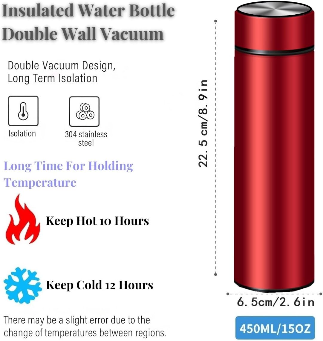 Insulated Water Bottles- Vacuum Tumbler for Coffee, Tea and Drinks with Stainless Steel Infuser - 15 oz Tea Thermo Travel Bottle/Keeps Drinks Hot or Cold for Hours/Gift Packing (Silver)