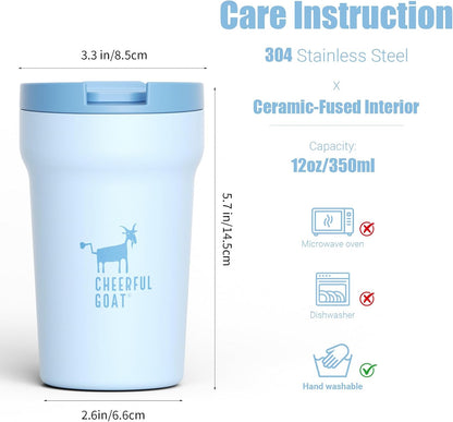 CHEERFUL GOAT Insulated Coffee Mug – Stainless Steel Travel Coffee Tumbler with Ceramic Liner, 12oz Coffee Cup for Hot and Cold Water Coffee at Home, Office, or On the Go (orange)