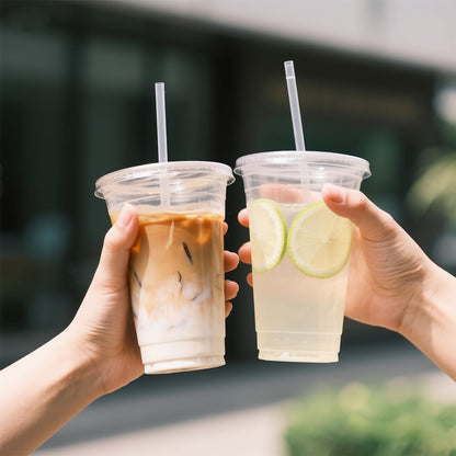 Ginkgo 32 oz Clear Plastic Cups with Lids and Jumbo Straws, Disposable To Go Iced Coffee Cups for Smoothie, Boba Milk Tea - 50 Pack