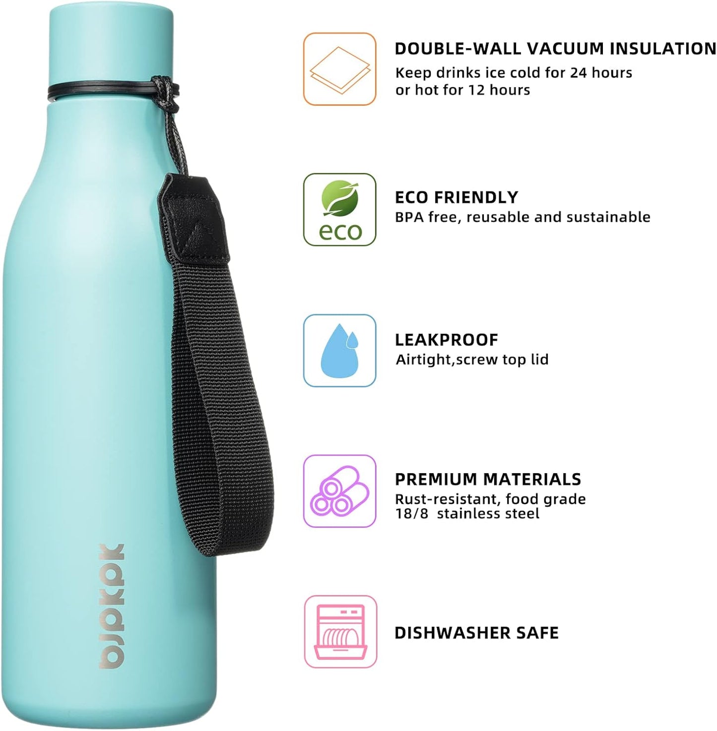BJPKPK Insulated Water Bottles, 18 oz Stainless Steel Metal Water Bottle with Strap, BPA Free Leak Proof Jugs, Mugs, Flasks, Reusable Thermal Flasks for Sports & Travel, Black - Colors A