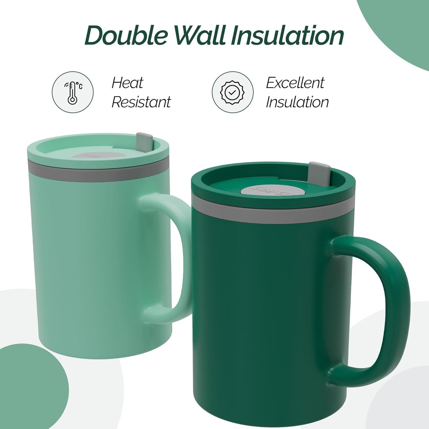 Copco Iconic 16oz Double Wall Insulated Desk Mug with Lid & Handle, Set of 2, BPA-Free Reusable Plastic, Spill-Resistant, Microwave & Dishwasher Safe, Wide Mouth (Grey)