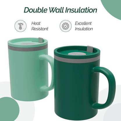 Copco Iconic 16oz Double Wall Insulated Desk Mug with Lid & Handle, Set of 2, BPA-Free Reusable Plastic, Spill-Resistant, Microwave & Dishwasher Safe, Wide Mouth (Grey)