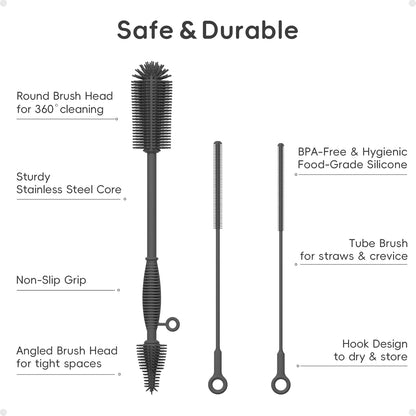 Silicone Cleaning Brush Kit,Water Bottle and Straw Cleaner Brush Set for Tumbler,Baby Bottle,Breast Pump Part,Nipple,Sippy Cup,Glass,Dishwasher Safe,BPA Free,3 Pcs