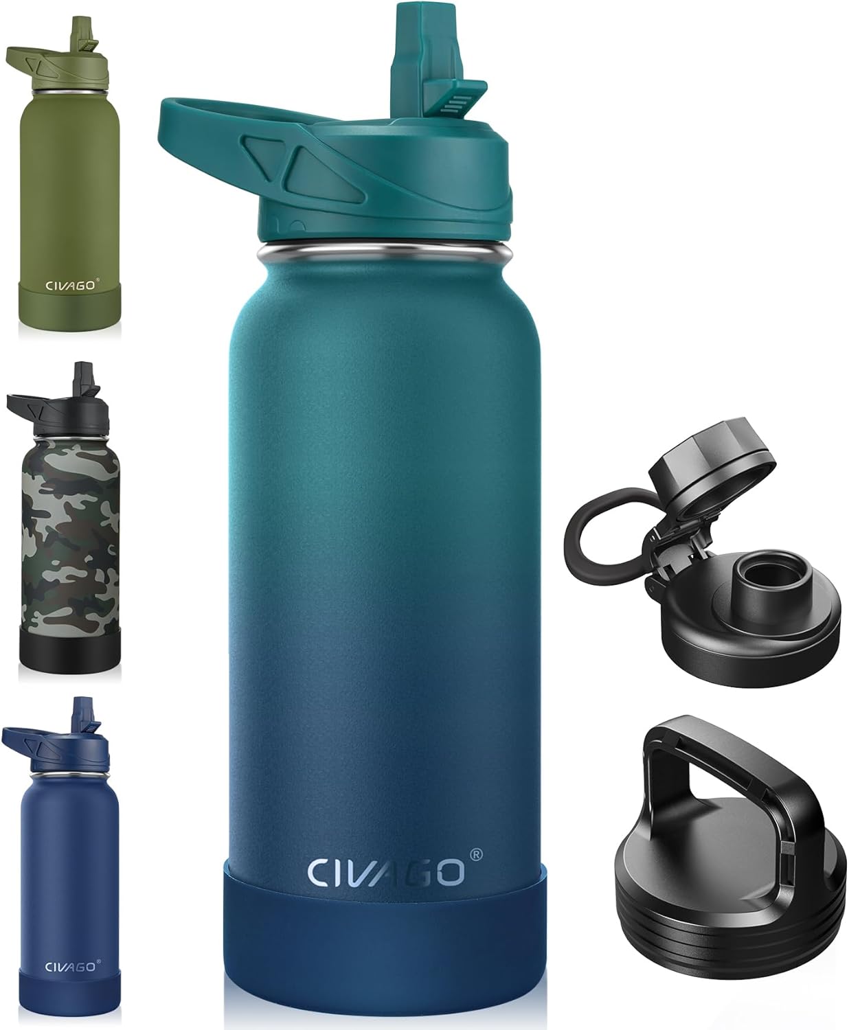CIVAGO 32 oz Insulated Water Bottle With Straw, Stainless Steel Sports Water Cup Flask with 3 Lids (Straw, Spout and Handle Lid), Wide Mouth Travel Thermal Mug, Black