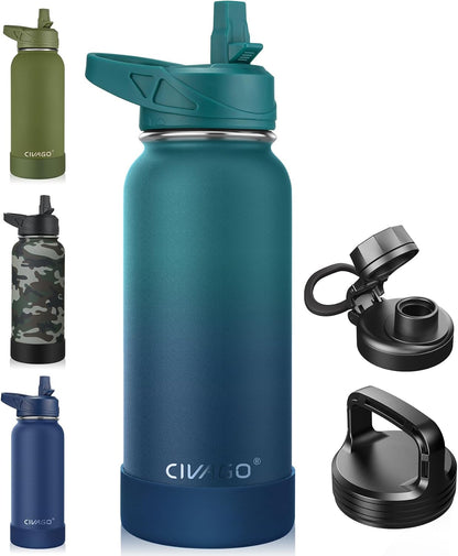 CIVAGO 32 oz Insulated Water Bottle With Straw, Stainless Steel Sports Water Cup Flask with 3 Lids (Straw, Spout and Handle Lid), Wide Mouth Travel Thermal Mug, Black