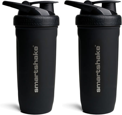 Smartshake 2 Pack Stainless Steel Non-Insulated Protein Shaker Bottle for Protein Mixes, 30 fl oz | Leak Proof Shaker Cups for Protein Shakes | Protein Shaker Bottle Pack | Black