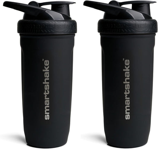 Smartshake 2 Pack Stainless Steel Non-Insulated Protein Shaker Bottle for Protein Mixes, 30 fl oz | Leak Proof Shaker Cups for Protein Shakes | Protein Shaker Bottle Pack | Black