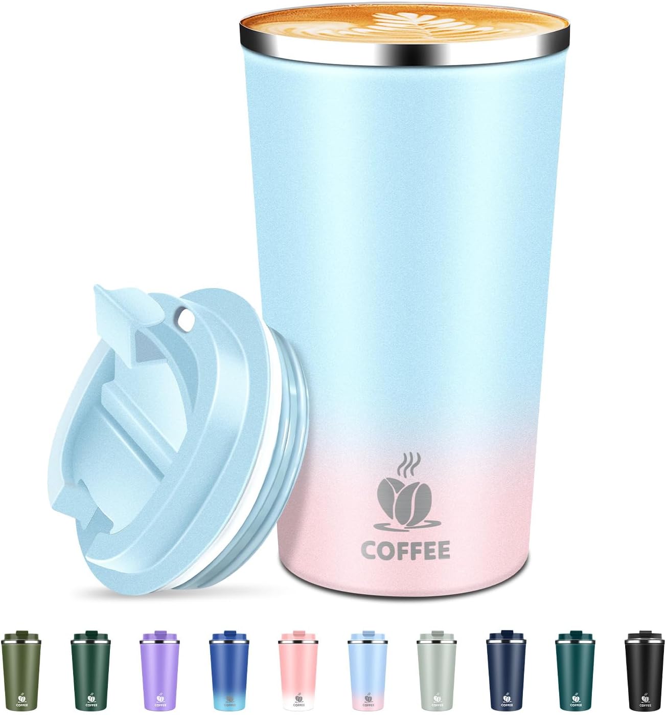 Insulated Travel Coffee Mug Reusable Coffee Tumbler Cup with Flip Lid Leak Proof Spill Proof for Office School Party Camping Hot and Cold Drink,Stainless Steel 17oz (Black)
