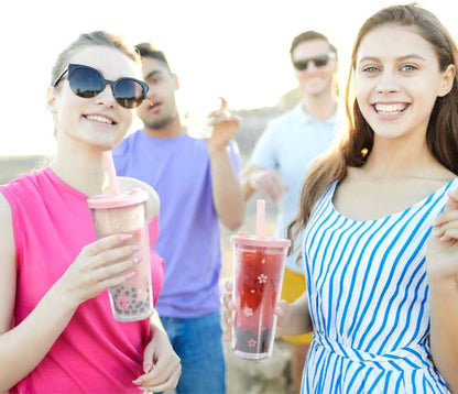Reusable Plastic Boba Cup With Lids And Straws, 24Oz/700ml Smoothie Cups, Iced Coffee Cup, Leakproof Kawaii Cup, Boba Tumbler With Boba Reusable Straw,Double Wall Clear Bubble Tea Cup