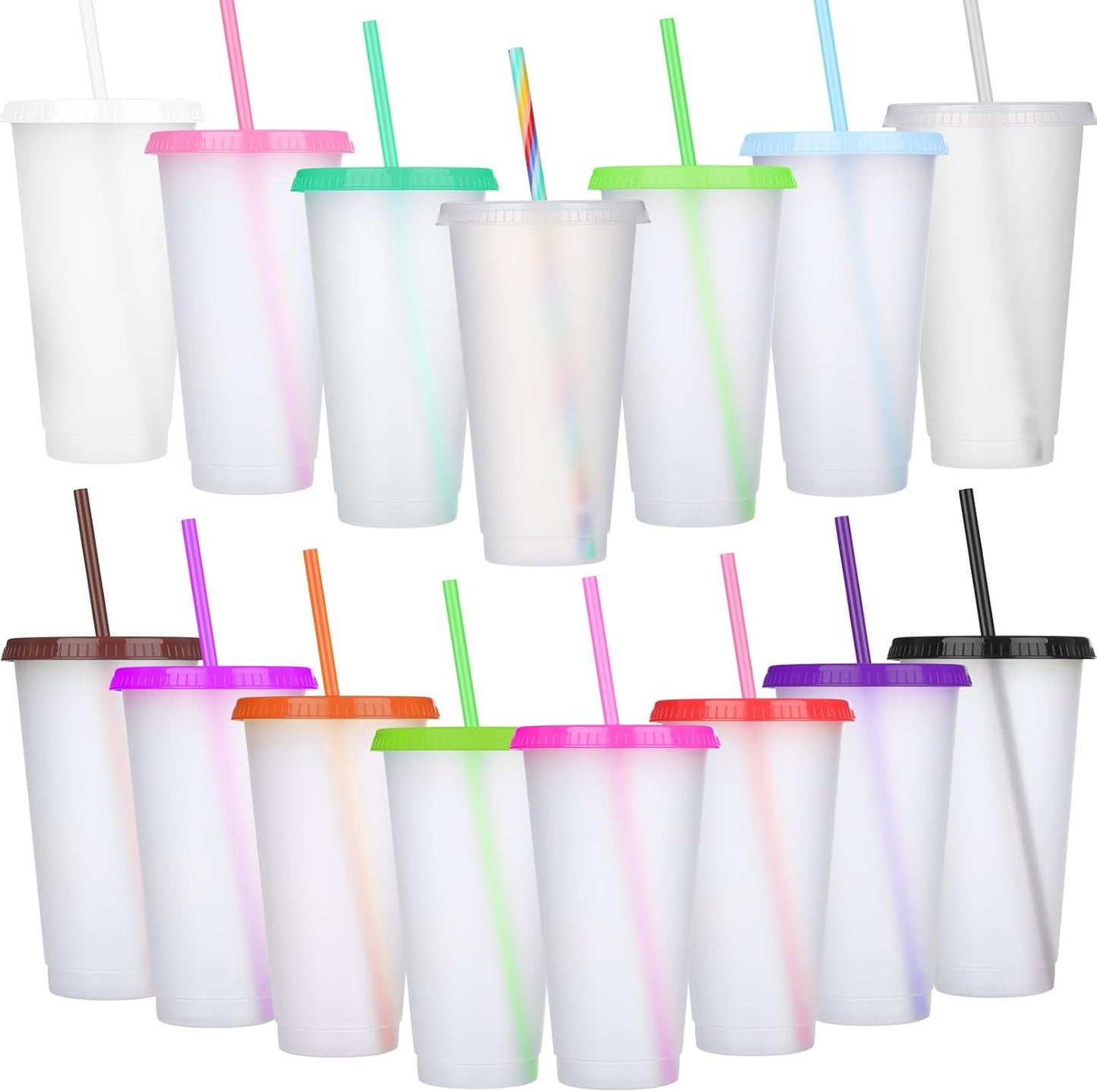 Honeydak 15 Pack Tumbler with Straw and Lid Bulk Cups for Gifts Water Bottle Iced Coffee Travel Mug Cup Reusable Plastic Tumblers for Party Birthdays 24-27 oz (Solid Color)