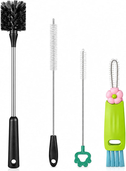 [4 Pack] Bottle Brush, 15 Inches Stainless Steel Long Handle Baby Bottle Scrub Cleaning Brushes with Straw & Lid Brushes for Sports Water Bottle, Cups, Coffee Mugs, Glasswares