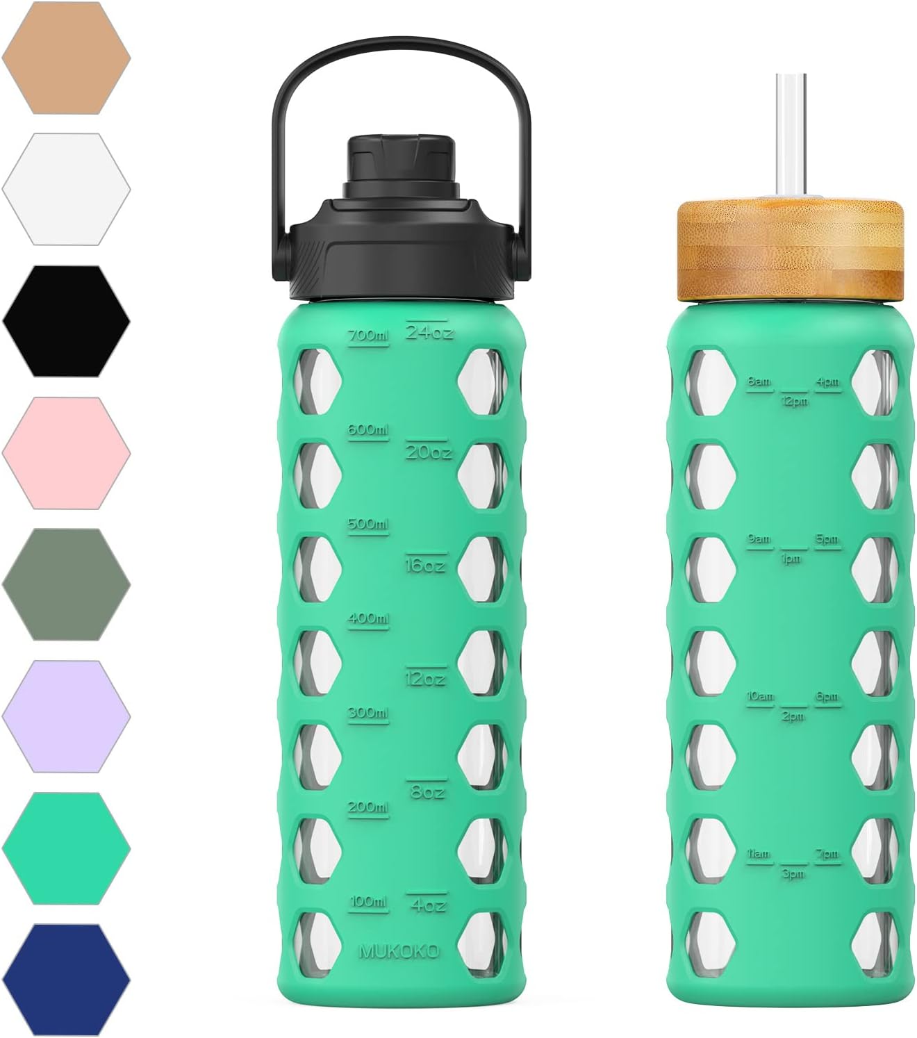 MUKOKO Glass Water Bottles, 32oz Glass Tumbler with Straw, Drinking Bottles with 2 Lids-Handle Spout Lid&Bamboo Straw Lid, Motivational Water Bottle with Time Marker and Silicone Sleeve, 1 Pack-Olive