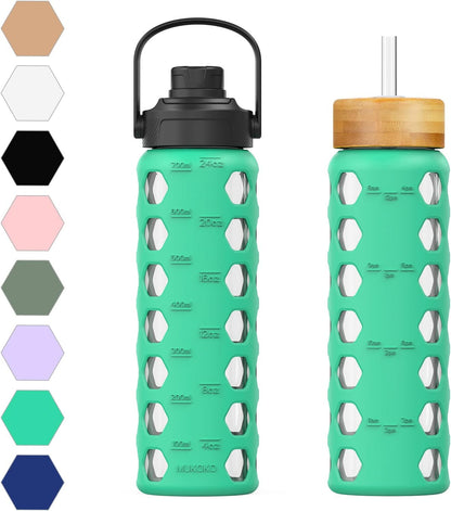 MUKOKO Glass Water Bottles, 32oz Glass Tumbler with Straw, Drinking Bottles with 2 Lids-Handle Spout Lid&Bamboo Straw Lid, Motivational Water Bottle with Time Marker and Silicone Sleeve, 1 Pack-Olive