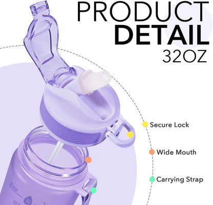 Hyeta 32oz Water Bottles with Straw - Stay Motivated and Hydrated with Convenient Times to Drink Markings, Durable, Leak-proof