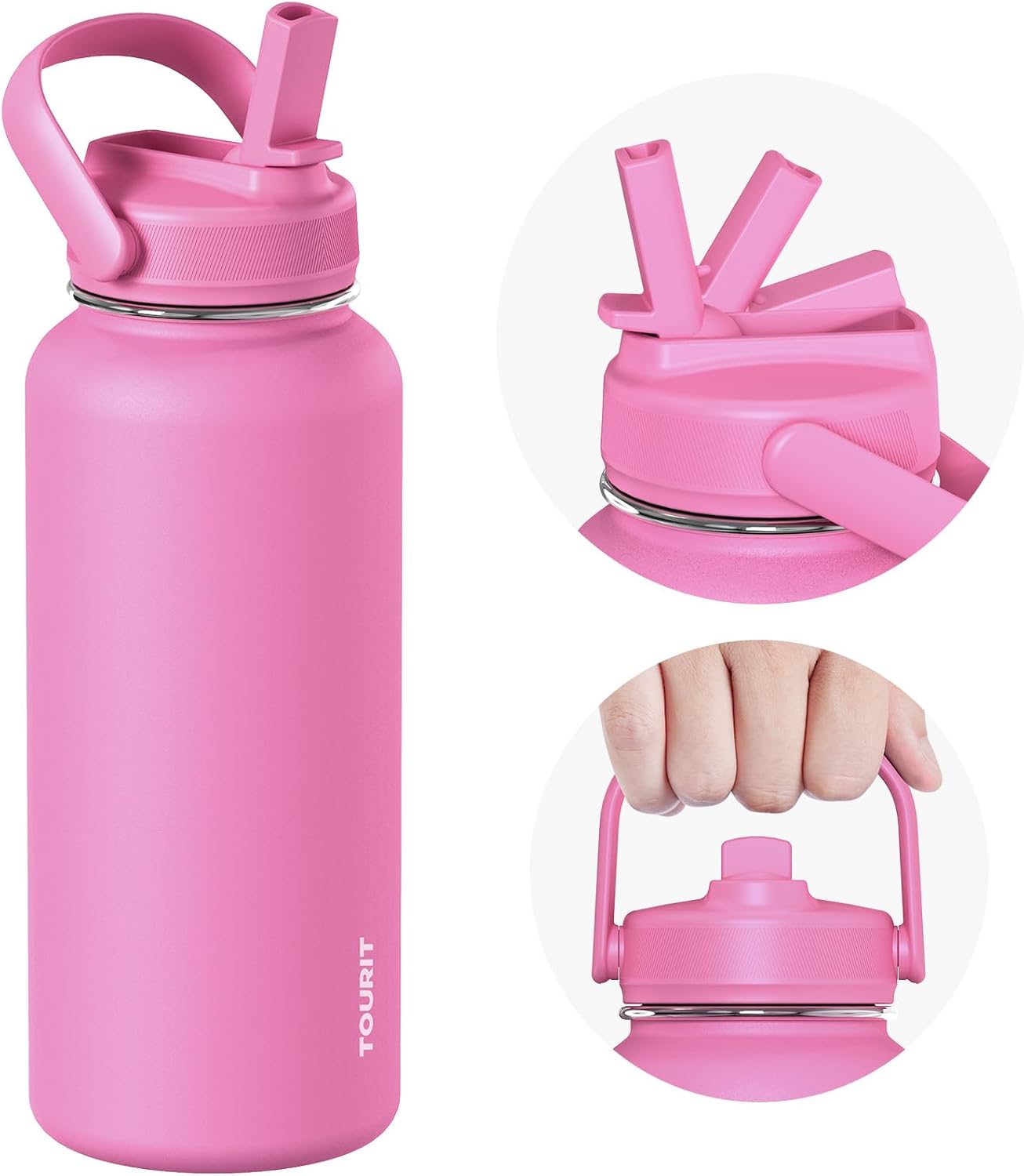 TOURIT 24 oz Insulated Water Bottle, Stainless Steel Water Bottles With Straw, Double Wall Vacuum Metal Thermos for Cold and Hot Drinks, Leak Proof BPA Free Water Flask for Sports and Travel, Hot Pink