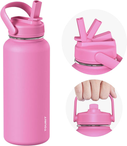 TOURIT 24 oz Insulated Water Bottle, Stainless Steel Water Bottles With Straw, Double Wall Vacuum Metal Thermos for Cold and Hot Drinks, Leak Proof BPA Free Water Flask for Sports and Travel, Hot Pink