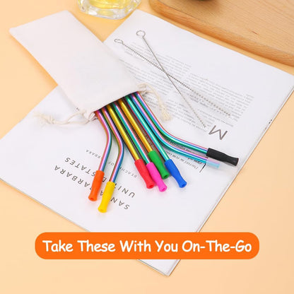 Lazycorner 16 Pcs Metal Straw Reusable 8.5" 10.5" 6mm Stainless Steel Straws for Tumblers 20oz-32oz, Rainbow Drinking Straws with Silicone Tips, 4 Straw Cleaner Brush, 1 Travel Case