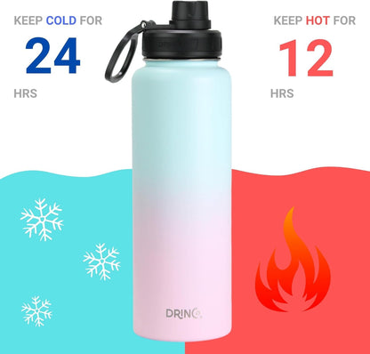 Drinco Stainless Steel Water Bottle Spout Lid Vacuum Insulated Double Wall Water Bottle Wide Mouth (40oz 32oz 22oz 18oz 14oz) Leak Proof Keep Cold Sport Camping Hiking (22 oz, 22oz Black)