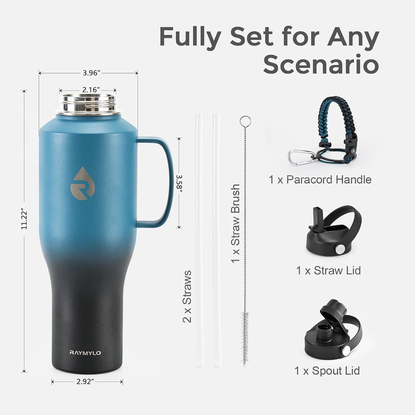 RAYMYLO 40 oz Insulated Water Bottle with Straw fit in Car Cup Holder, Triple Wall Vacuum Stainless Steel(Cold 48 hrs, Hot 24 hrs), Leakproof & Non-BPA, Hydro Travel Flask with Straw and Spout Lid