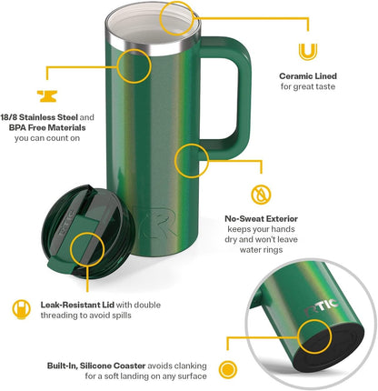 RTIC 20oz Road Trip Travel Mug with Lid and Handle, Ceramic Lined, Insulated, Stainless Steel, Metal, Double Wall Vacuum-Insulation, Portable Coffee, Tea Cup for Hot and Cold Drink, Black