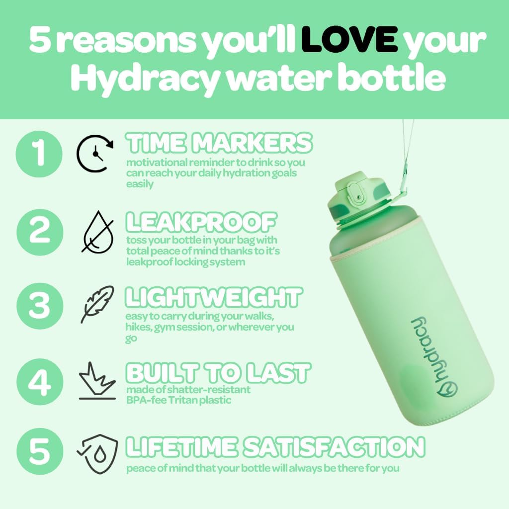 Hydracy Water Bottle with Time Marker -Large BPA Free Water Bottle & No Sweat Sleeve -Leak Proof Gym Bottle with Times to Drink - Ideal for Fitness Sports & Outdoors