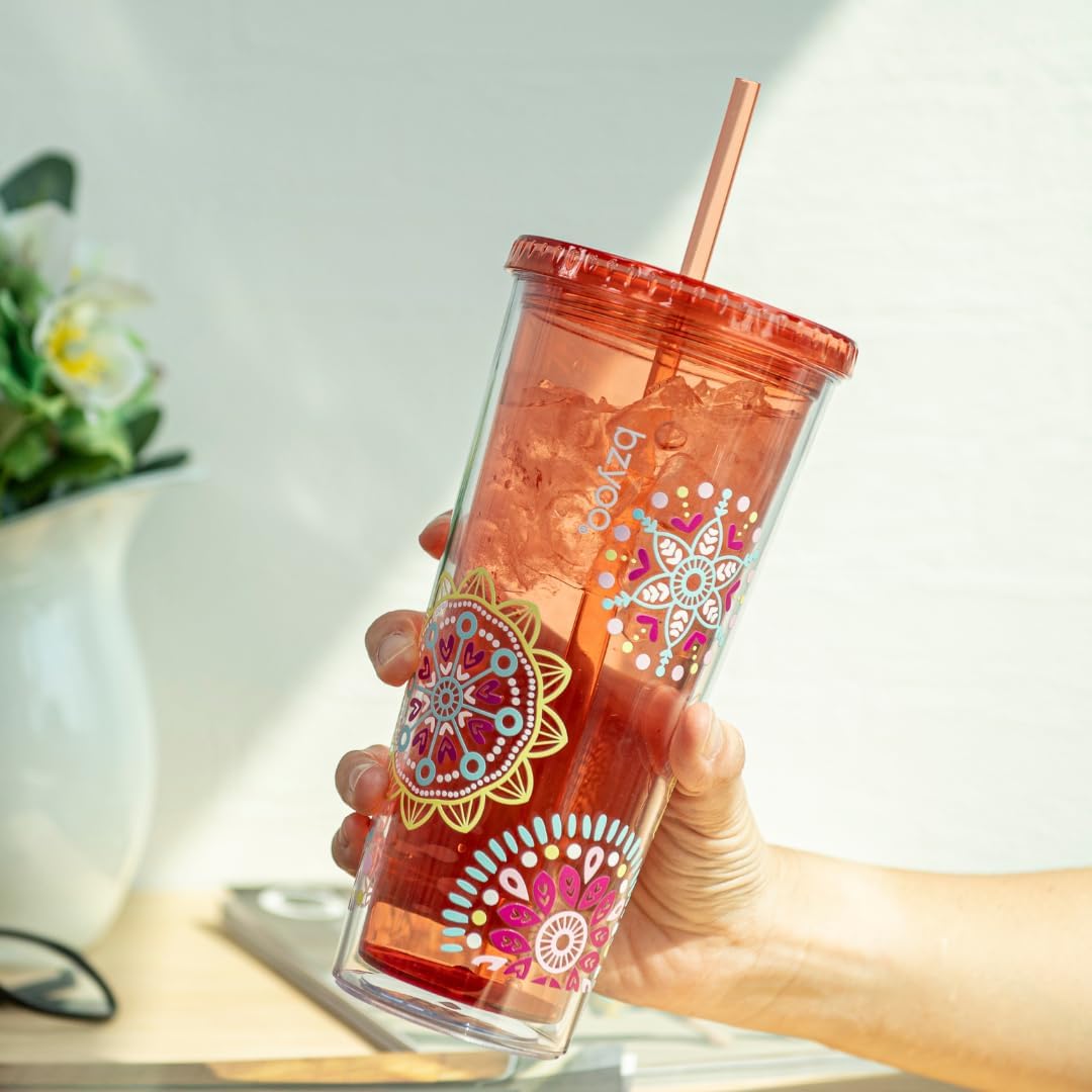 bzyoo SIP 24oz (710ml) Double Wall Plastic Tumbler with Lid and Straw Cold Drink Travel Mug Reusable Party Cup Perfect for Office Ice Coffee or Tea and Gift Color: Pink & Purple