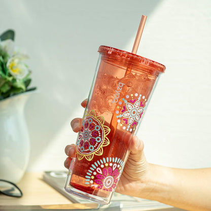 bzyoo SIP 24oz (710ml) Double Wall Plastic Tumbler with Lid and Straw Cold Drink Travel Mug Reusable Party Cup Perfect for Office Ice Coffee or Tea and Gift Color: Pink & Purple