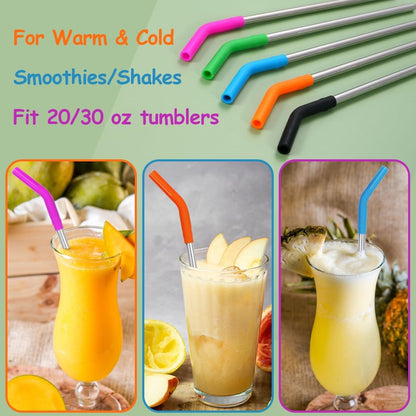 Lazycorner 16 Pcs Metal Straw Reusable 8.5" 10.5" 6mm Stainless Steel Straws for Tumblers 20oz-32oz, Rainbow Drinking Straws with Silicone Tips, 4 Straw Cleaner Brush, 1 Travel Case