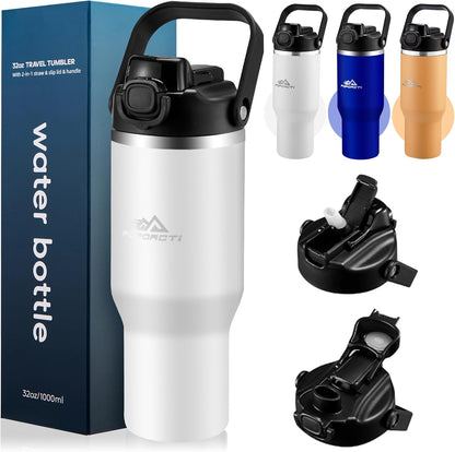 Insulated Tumbler,34 oz Stainless Steel Water Bottle, BPA-Free, Double-Walled Vacuum, Flip Straw for Travel, Keeps Drinks Hot & Cold for 12 Hours,For Outdoors Car Gym Office (White)