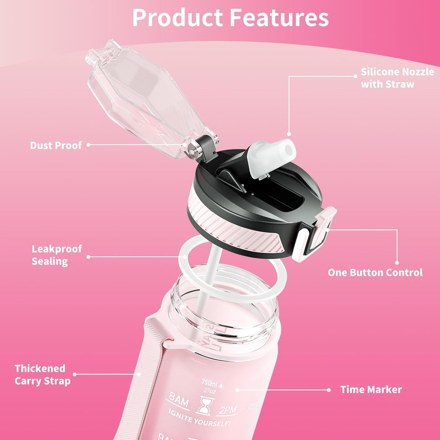 QLUR Water Bottle with Straw, 32oz Motivational Water Bottles with Time Marker to Drink, Tritan BPA Free, 1L Sports Water Bottle with Carry Strap LeakProof for Women Gym Fitness Outdoor (1 Pack)