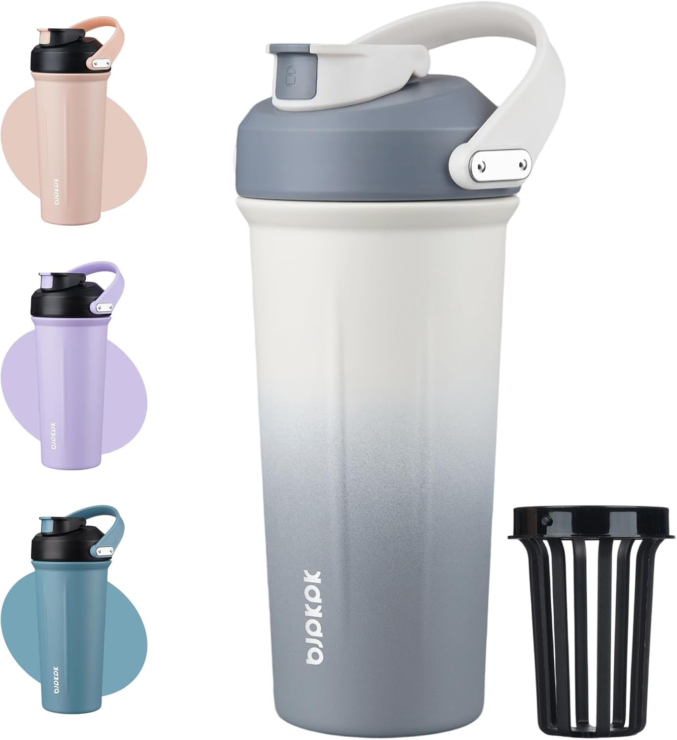 BJPKPK 25 oz Insulated Protein Shaker Bottle with Handle, Stainless Steel Tumbler for Protein Mixes,BPA Free Metal Shaker Cup for Gym Workout,White and Grey