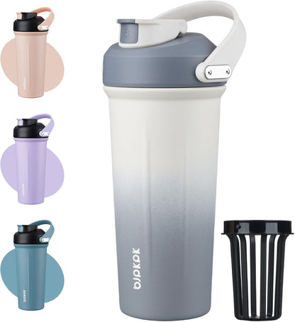 BJPKPK 25 oz Insulated Protein Shaker Bottle with Handle, Stainless Steel Tumbler for Protein Mixes,BPA Free Metal Shaker Cup for Gym Workout,White and Grey