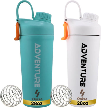 Ozizo 2 Pack Stainless Steel Insulated Protein Shaker Bottle, 20oz Leak Proof Shaker Cup with Wire Whisk Ball for Protein Mixes, Hot & Cold Drinks, Gym & Fitness (Blue + Blue)