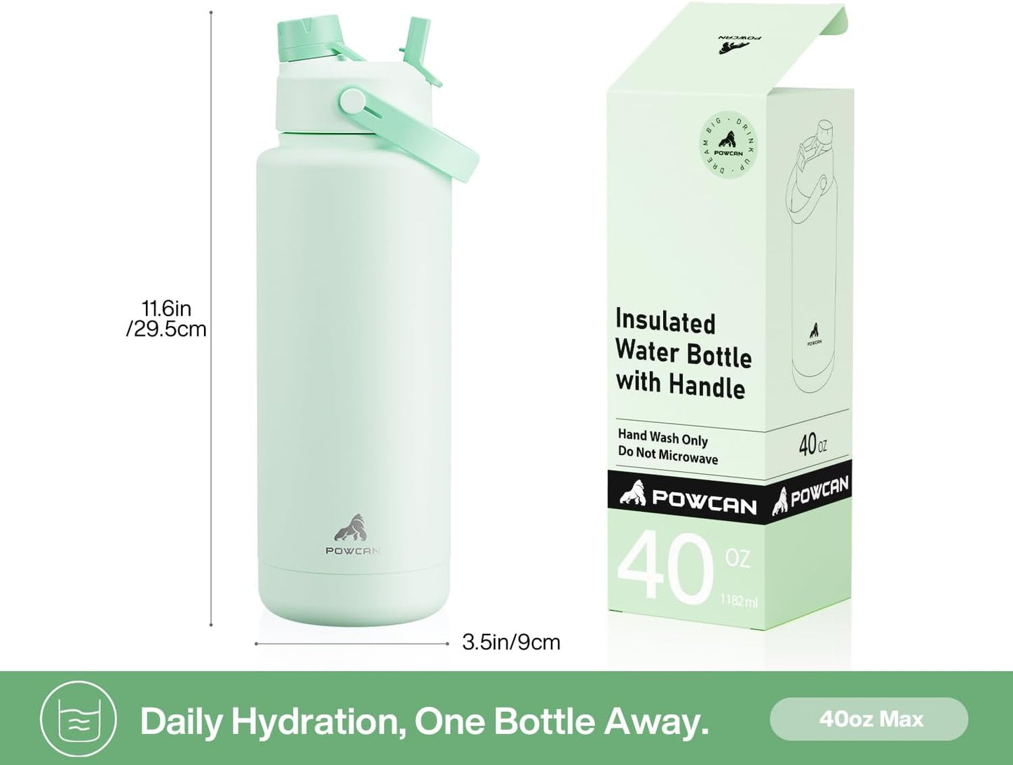 POWCAN 26 oz Insulated Water Bottle with 2-in-1 Straw and Spout Lid, Keep Cold 24H, Leak-Proof, Fits in Car Cup Holder, Stainless Steel Water Bottle for Sports, Travel, and School (Mint)