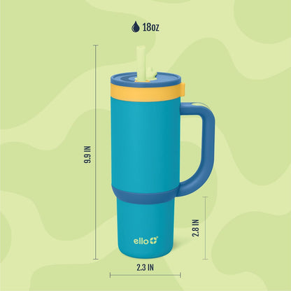 Ello Oasis 18oz Kids Tumbler with Handle & Retracting Straw, 100% Leakproof Reusable Insulated Stainless Steel Cup, Gifts for Teens Girls Boys, Keeps cold for 18 Hours, Cup Holder Friendly, Glacier